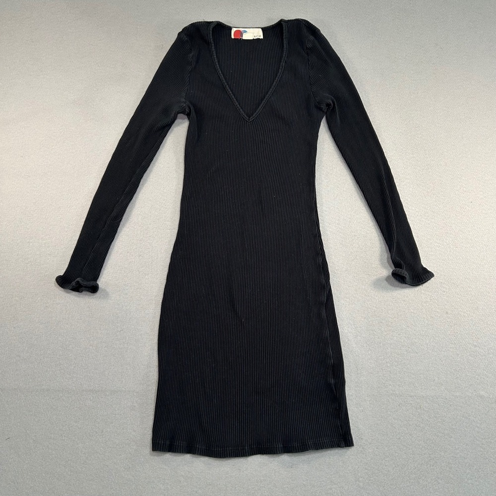 Free People Beach Mini Dress Women M Black Ribbed Long Sleeve V-Neck Bell Sleeve